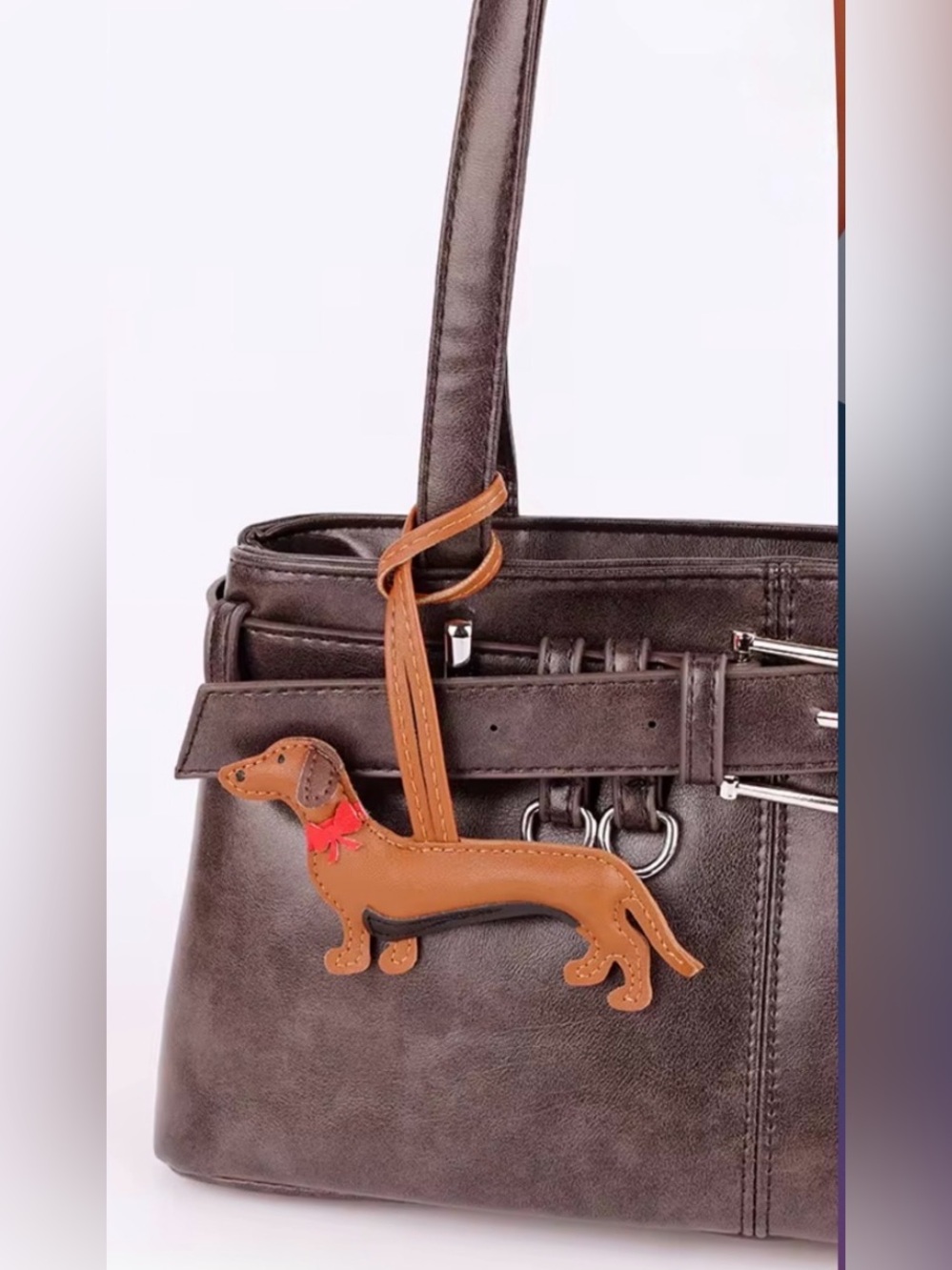 Dachshund Leather Bag Charm Key  - Tan